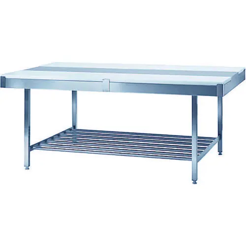 Saisonangebot Doppelstufenarbeitstisch Chromnickelstahl, L 3000 x B 1200 x H 850 mm, geschweißte Ausführung, Oberfläche gebürstet, auf beiden Seiten eine Stufe 30 mm, mit 300/400 mm breiten Kunststoffschneidauflagen (weiß)